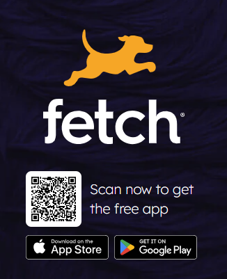 Fetch logo of dog and QR code with "Scan now to get the free app" beside it